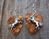 Brown Guitar Pick and Silver Horse Charm Earrings