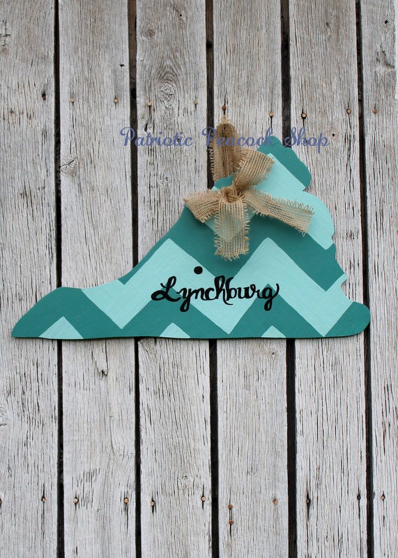 Chevron Virginia Wooden Door Hanger Art- Patriotic Peacock Original YOU CHOOSE STATE