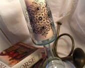 Wine bottle candle holder. Black silk screen design on clear recycled glass bottle. Free shipping.