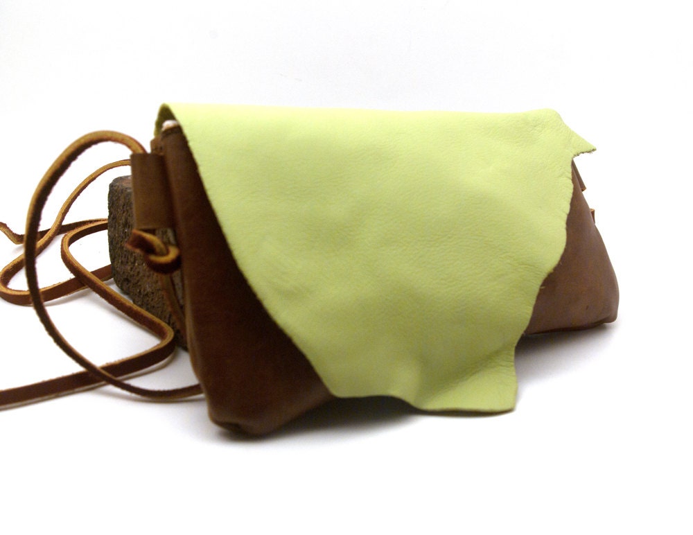 Chartreuse Organic Shape Leather Clutch with Adjustable Strap