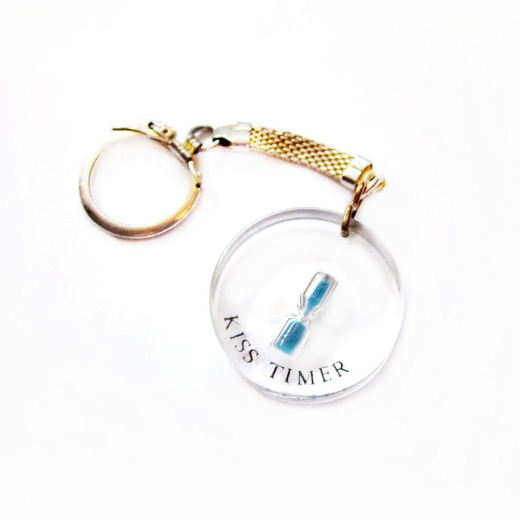 Vintage Lucite Keychain, Kiss Hourglass Timer