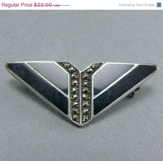 Vintage Art Deco Sterling Silver Enamel Chevron Brooch