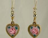 Vintage Enamel Rose Heart Pierced Earrings