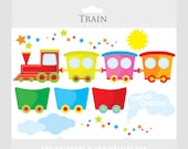 Stitched train clipart - cute train clip art and wagons, sun, clouds, smoke, stars, choo choo for personal and commercial use
