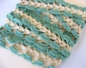 1 Plus Yard of 1950 Vintage Hand Crocheted Lace, Trim in Jade Green and Cream