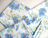 Set of 4 Vintage Fabric Cotton Napkins, Table Mats, Blue and Aqua Flowers on White