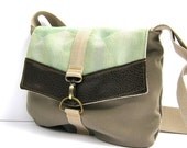 satchel // gray green tweed canvas - seafoam mint art deco woven canvas - pebbled brown vegan leather // crossbody bag - adjustable strap