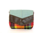 travel clutch // bright plaid in pink orange green - turquoise blue woven cotton - brown pebbled vegan leather // makeup bag