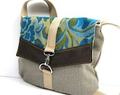 satchel // olive tweed canvas - vintage blue floral - pebbled brown vegan leather // crossbody bag - adjustable strap