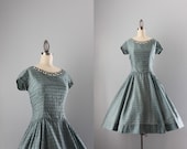 1950s Dress / Vintage 50s Turquoise Lurex Party Dress / Fifties Full Skirt Dress