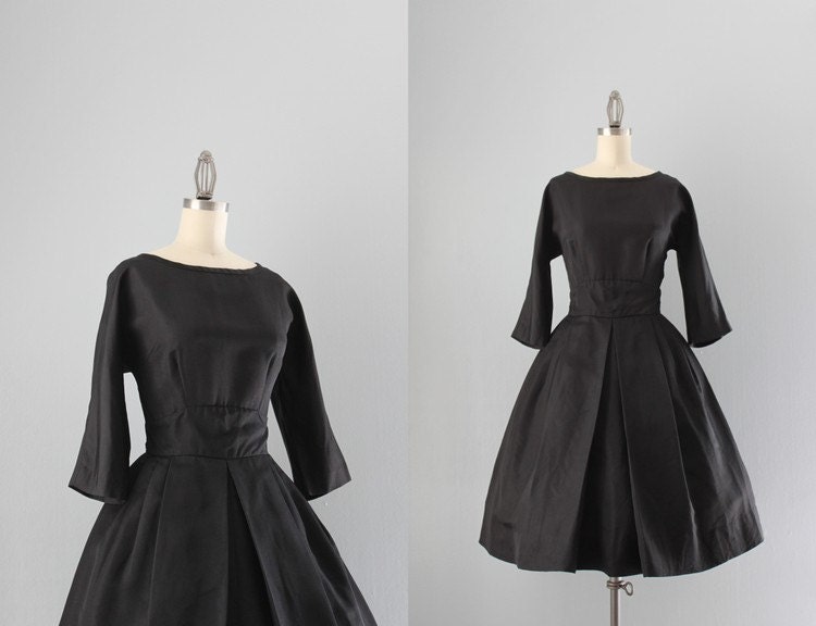 1950s Party Dress / Vintage 50s Black Faille Cocktail Dress / 50s R&K Full Skirt Dress