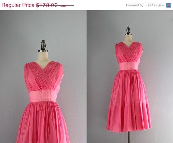 Storewide Sale 1950s Party Dress / Vintage 50s Silk Chiffon Grecian Formal Dress / Fifties Pink Silk Dress