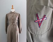 40s World War II Jumpsuit / Vintage WW2 Rosie the Riveter Work Suit / Dot Dot Dot Dash 1940s Suit