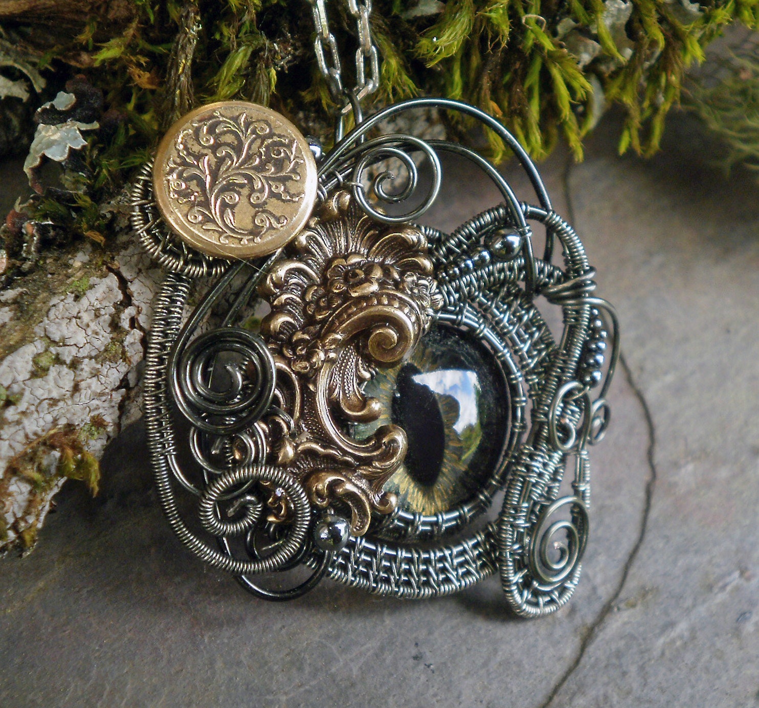 Gothic Steampunk Cat Eye Victorian Button Pendant