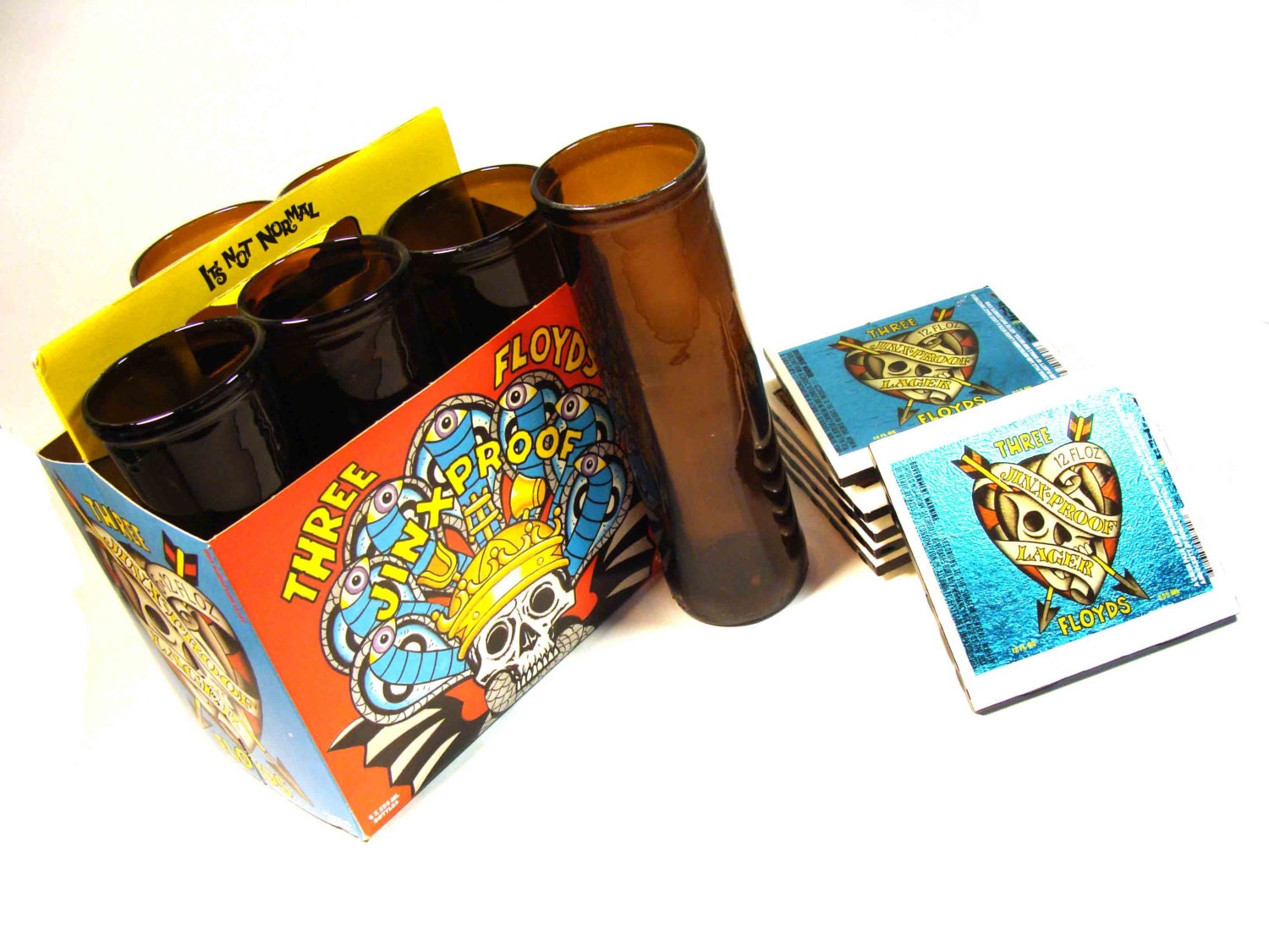 Six Pack Set of Recycled 3 Floyd's Jinx Proof Beer Bottle Drinking Glass Cups with six labeled ceramic coasters.
