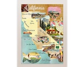 NEW A3 Size: Vintage California Map Collage poster print on wooden background, geometric pattern, wall art