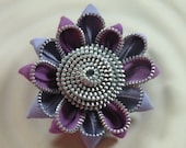 Purple Recycled Vintage Zipper Flower Hair Clip or Brooch
