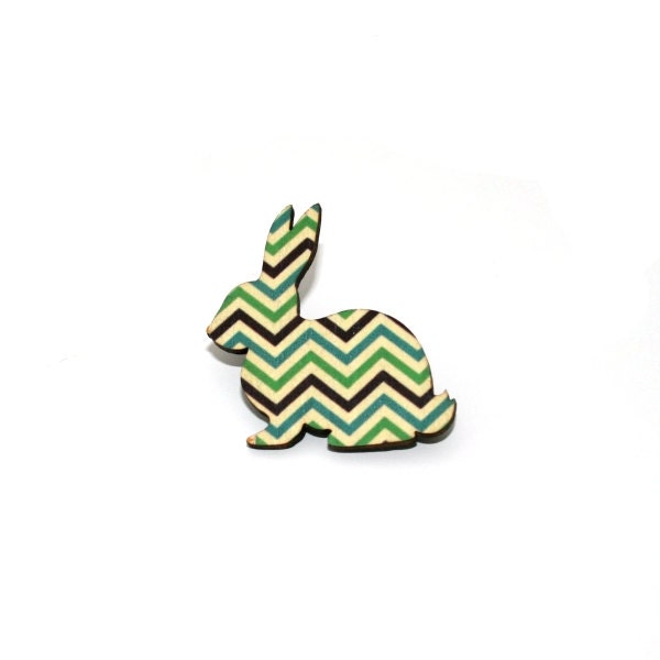 Rabbit Brooch, Zigzag Geometric Illustration, Wood Jewelry, Animal Brooch