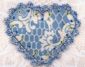 Mothers Day or Birthday Card - Heart Shape Vintage Wallpaper and Hand Crochet Edge With Decorative Label Card