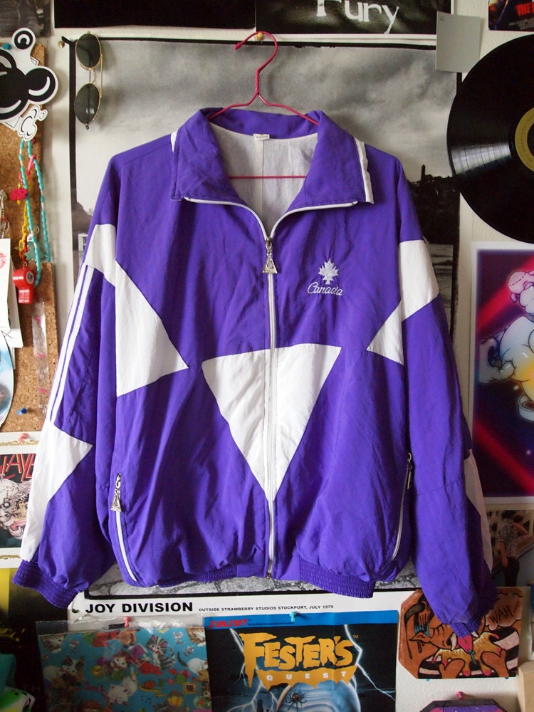 S A L E - CANADA// Vintage 80s Purple and White Geometric Pattern Nylon Windbreaker Track Jacket, Women's M