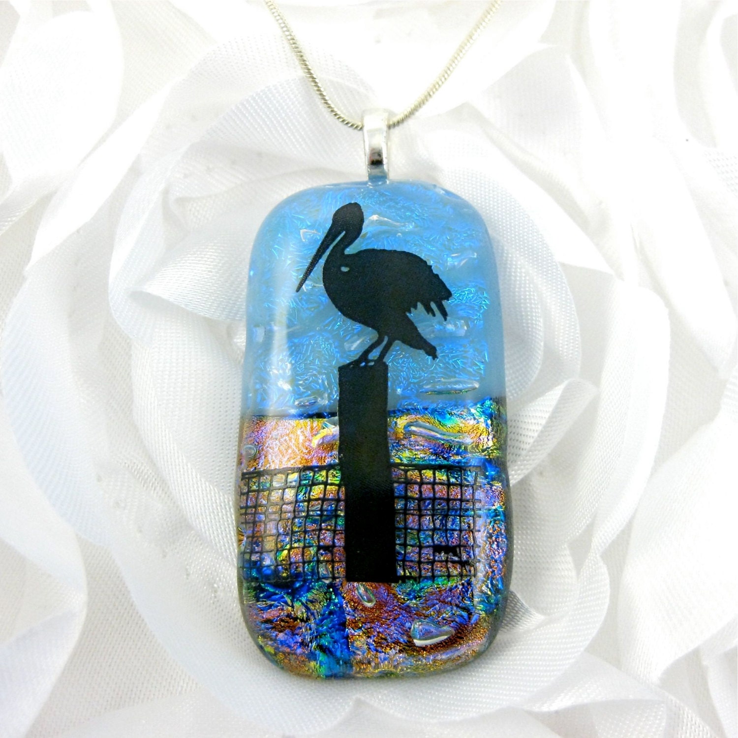 Dichroic Glass Pelican Pendant Fused Glass Bird Jewelry