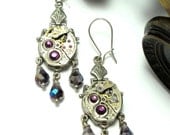 Steampunk Vintage Bulova Purple OOAK Earrings Watch Movements Edwardian Exclusive Design By Mystic Pieces