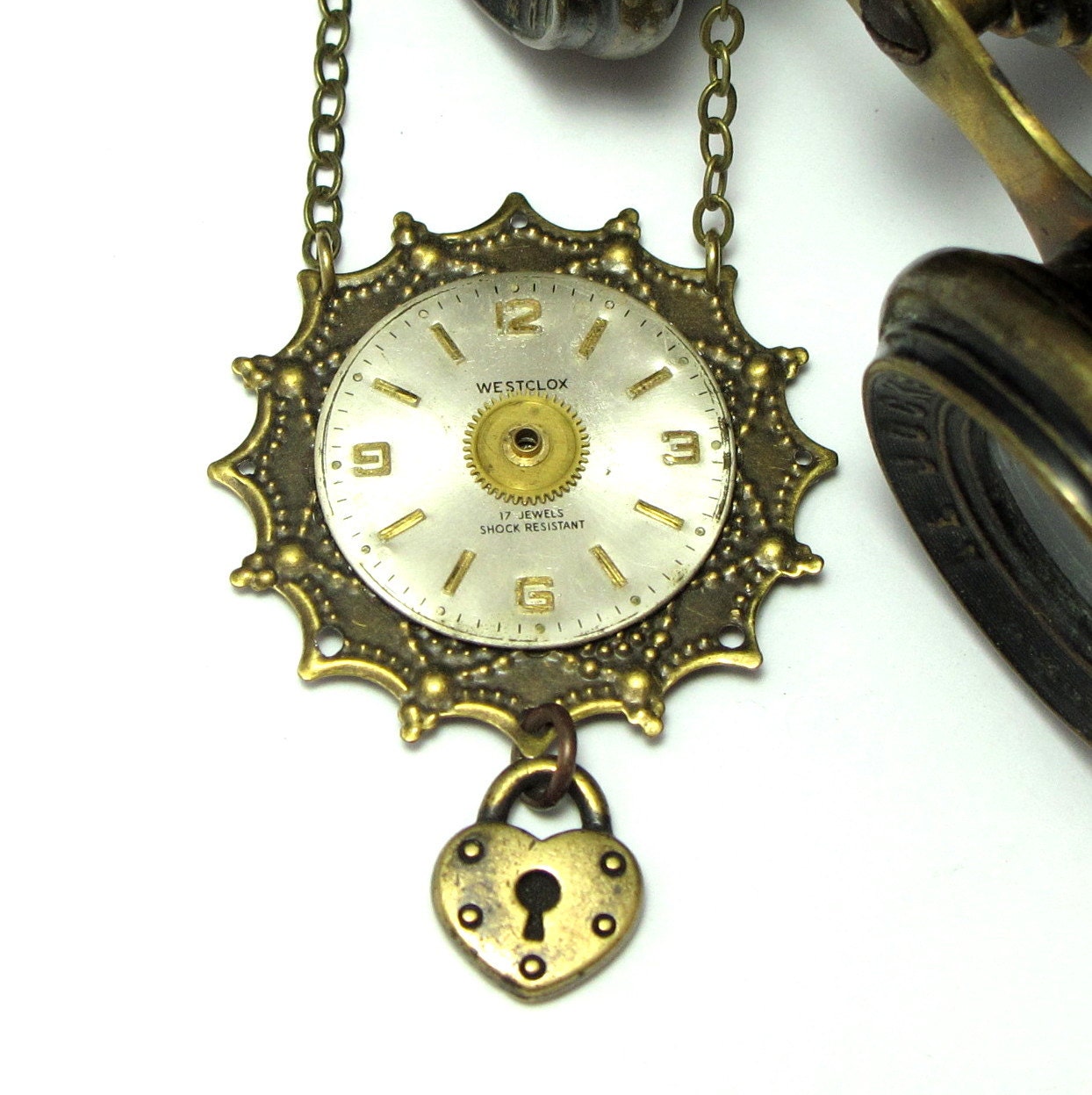 Steampunk Vintage Watch Dial Lock Necklace OOAK Victorian Antique Brass Gear Exclusive Design By Mystic Pieces