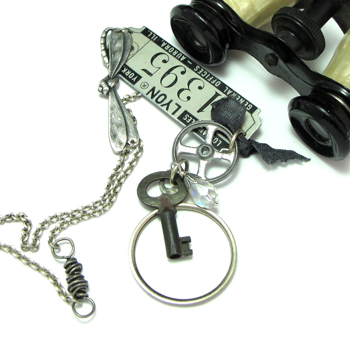 Long Trinkets Steampunk Necklace Asymmetrical Vintage Key Optical Lens Tag Wheel Dragon Fly OOAK Exclusive Design By Mystic Pieces