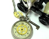 Steampunk Statement OOAK Necklace Vintage Pocket Watch Asymmetrical Skeleton Key Bird Gear Exclusive Design By Mystic Pieces