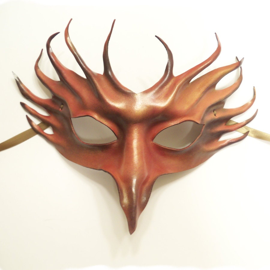 Crazy Crow Leather Mask red brown gold black bird