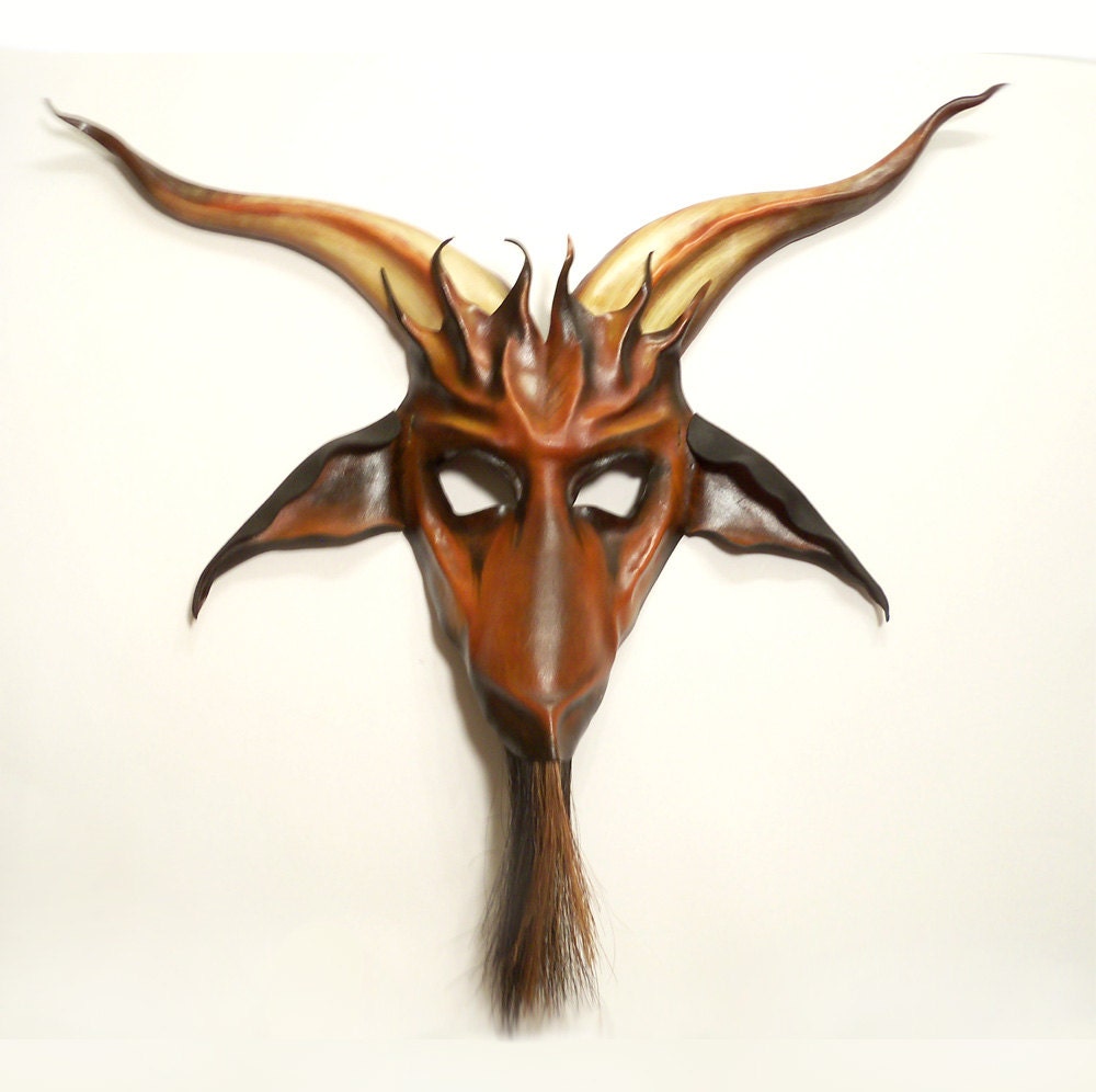Baphomet Goat Leather Mask with horsehair beard  brown black tan