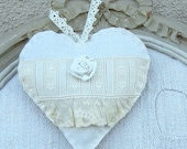 Antique Linen Heart Sachet -Hand Rolled Linen Rose - Wedding