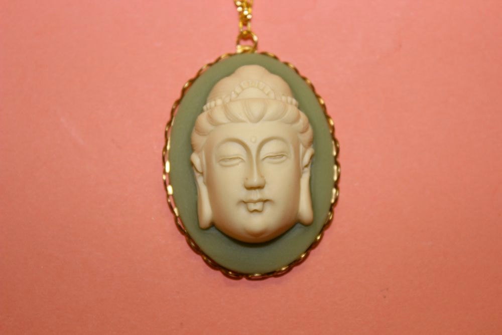 Large Green Buddha Cameo Necklace