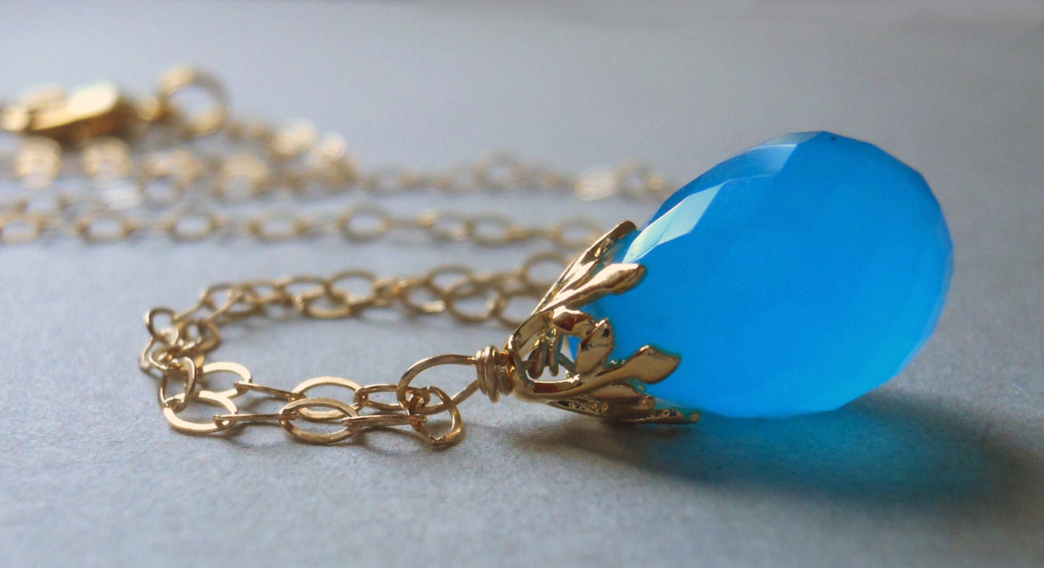 Fresh Air Bright Blue Chalcedony Teardrop necklace Gold - $62.00 USD