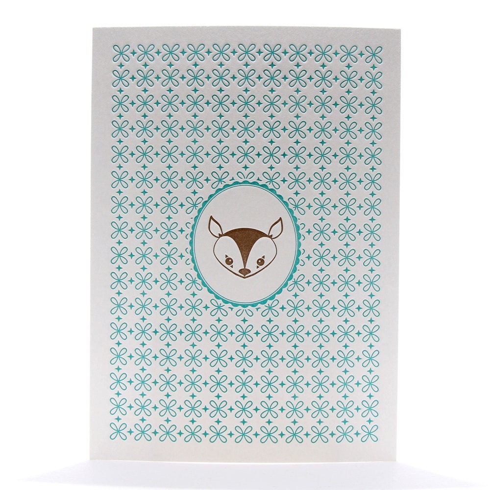 Letterpress Print Deer Portrait 5 by 7 Inch Brown & Blue