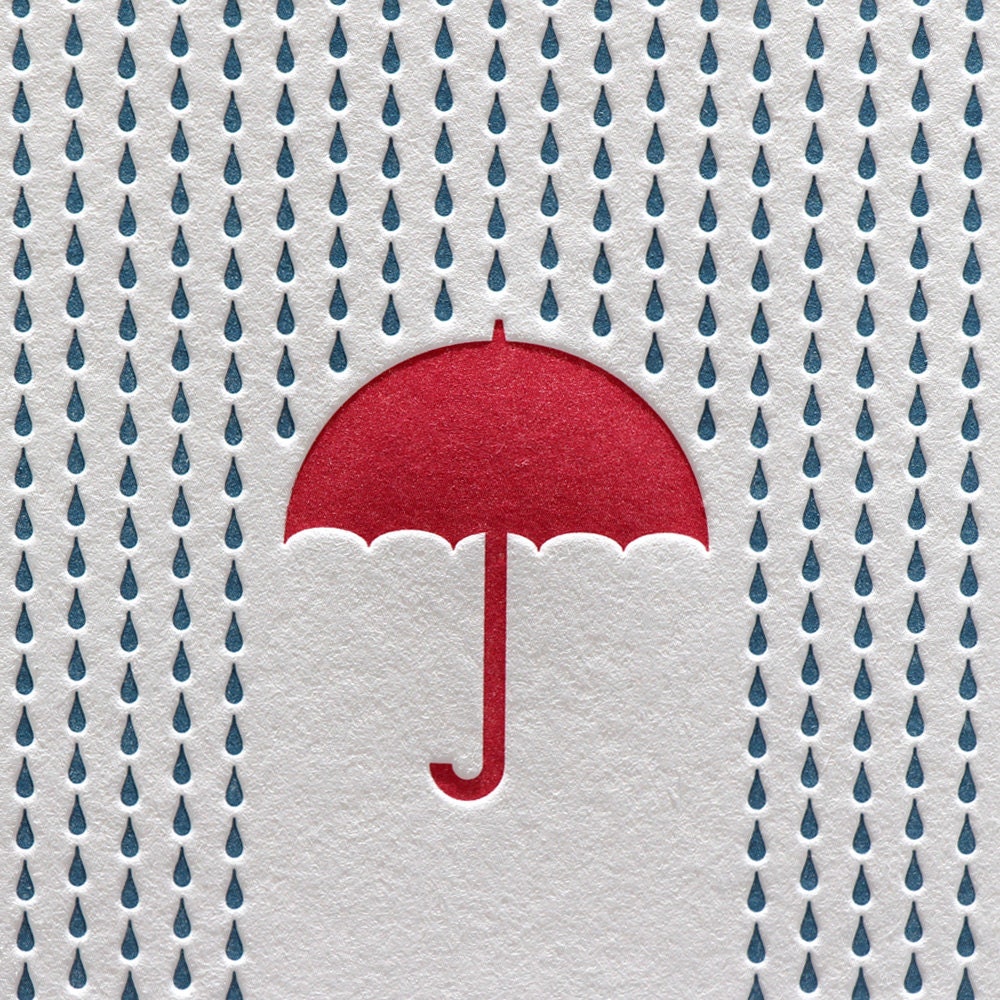 Rainy Day Letterpress Card in Blue and Red