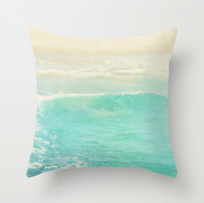 beach cottage decor, pillow cover, peppermint blue ocean wave, beach photography, nautical surfer home decor modern bedding 20x20
