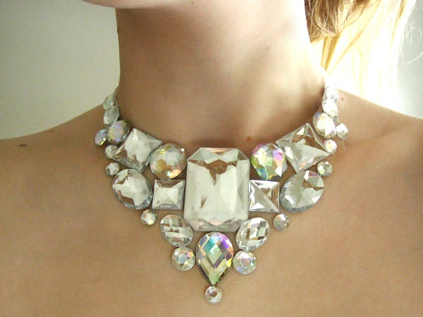 Crystal AB Necklace, Rhinestone Bib Necklace, Bridal Jewelry, Clear Rhinestone Necklace