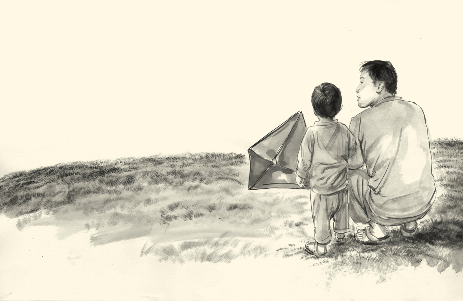 Red Kite, Blue Kite ORIGINAL DRAWING "Baba and Tai Shan"