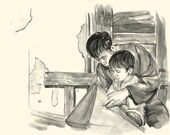 Red Kite, Blue Kite ORIGINAL DRAWING "Helping with Tai Shan's Kite"