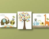 Nursery art print, baby nursery decor, baby room decor, Kids art, giraffe, tree, elephant, owl, bird, Set of three 8x10 prints