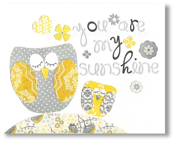 Nursery art prints, baby nursery decor, nursery wall art, children wall art, kids bird,owl, yellow gray, You Are My Sunshine 8x10 print