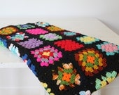 Granny square afghan. Vintage handmade throw. Black, rainbow multicolor. 1960s crochet blanket / retro boho / the COOKIES AND TV afghan