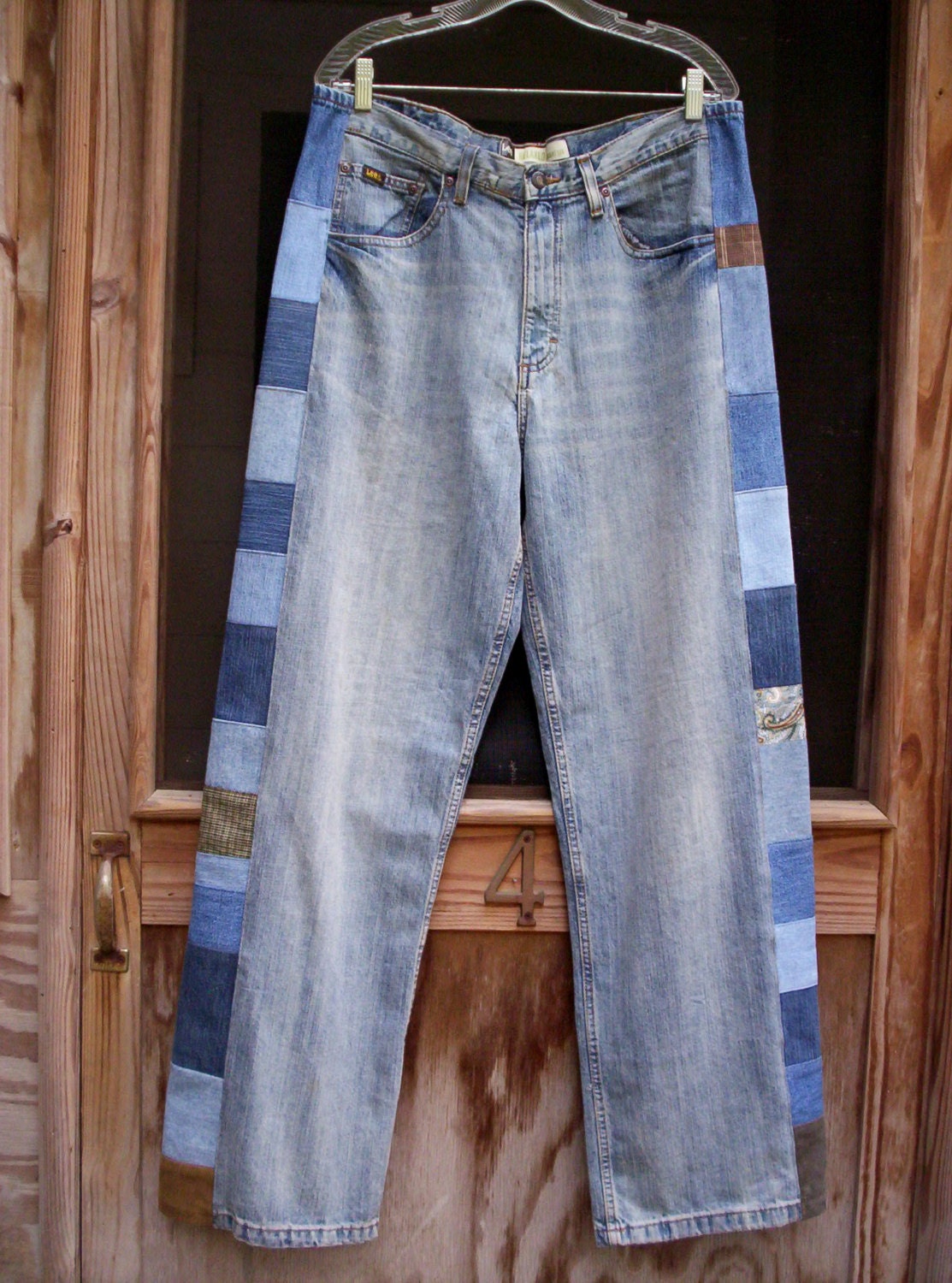 HIPPIE  PATCHWORK JEANS Mens Pants Faded Lee Upcycled