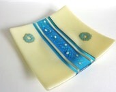 Fused Glass Plate in French Vanilla, Turquoise and Cyan Blue