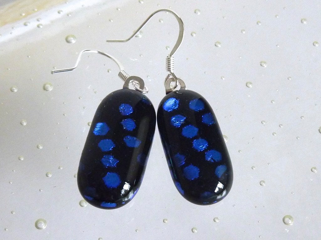 Black and Blue Dichroic Fused Glass Earrings