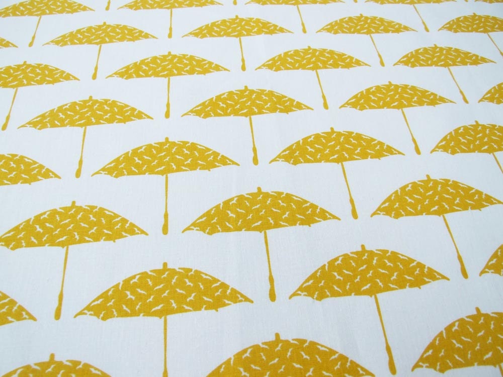 Hand Printed Fabric Mustard Yellow Bird Brolly Hemp Organic Cotton 50 x 35cm