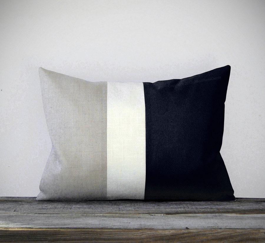 Classic Color Block Decorative Pillow with Black, White and Natural Linen Stripes by JillianReneDecor Neutral Minimal Modern Home Decor