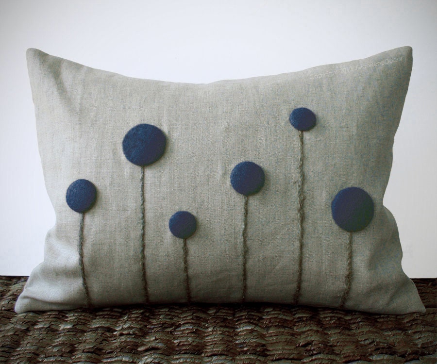 Navy Blue Billy Ball Flower Pillow in Natural Linen by JillianReneDecor Craspedia Billy Button Spring Home Decor Gift for Her
