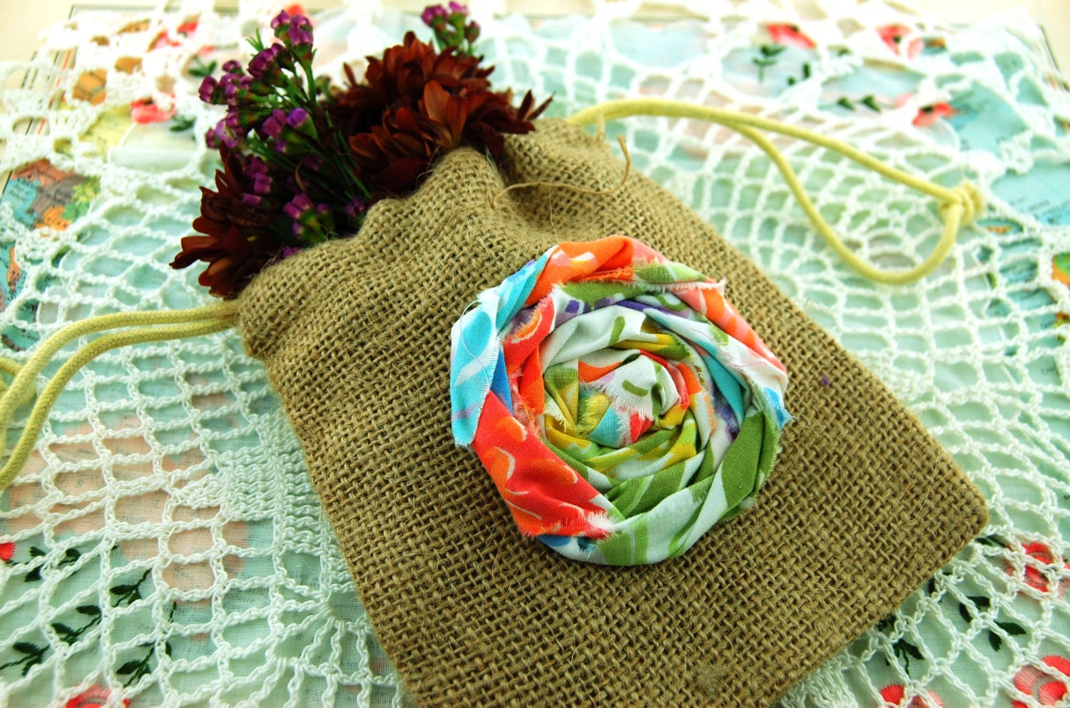 Burlap Rose Collection Floral Fancy Burlap Drawstring Bag Il_170x135